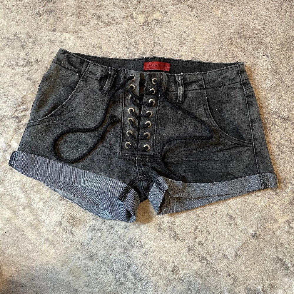 Signature8 Grey Lace UP Denim Cuffed Shorts